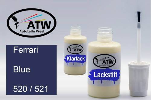 Ferrari, Blue, 520 / 521: 20ml Lackstift + 20ml Klarlack - Set, von ATW Autoteile West.